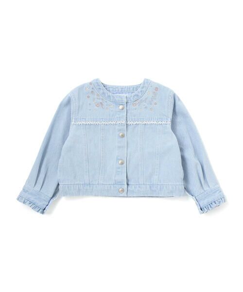 SLAP SLIP / スラップ スリップ ノーカラージャケット | ツイルデニム後ろリボンレース刺しゅう入りノーカラージャケット(90~130cm) | 詳細12