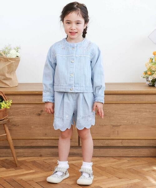 SLAP SLIP / スラップ スリップ ノーカラージャケット | ツイルデニム後ろリボンレース刺しゅう入りノーカラージャケット(90~130cm) | 詳細9