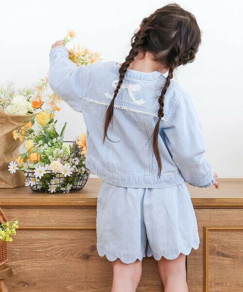 SLAP SLIP / スラップ スリップ ノーカラージャケット | ツイルデニム後ろリボンレース刺しゅう入りノーカラージャケット(90~130cm) | 詳細10