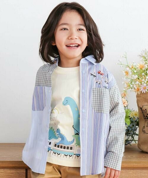 SLAP SLIP / スラップ スリップ シャツ・ブラウス | はたらくくるま刺しゅう胸ポケット切り替えデザインシャツ(80~130cm)（グリーン系）