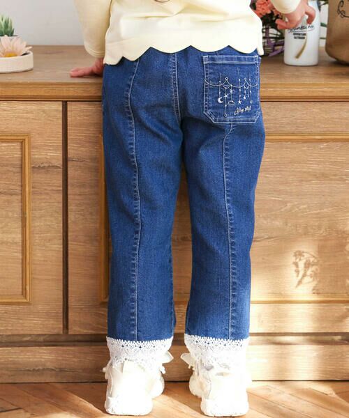 SLAP SLIP / スラップ スリップ デニムパンツ | 裾レースチャーム刺しゅう9分丈デニム(90~130cm)（ネイビー）