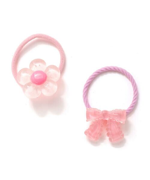 SLAP SLIP / スラップ スリップ ヘアゴム・シュシュ | ぷっくりつるつるモチーフ花＆リボンヘアゴム2点セット（ピンク）