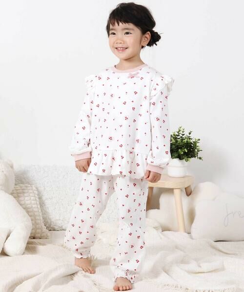 SLAP SLIP / スラップ スリップ ルームウェア | 【スララク/腹巻き一体型/吸汗速乾】みんな快眠！みんみんパジャマ 上下セット(80~130cm)（ホワイト×ハートチェリー×フリル）