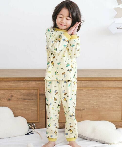 SLAP SLIP / スラップ スリップ ルームウェア | 【スララク/腹巻き一体型/吸汗速乾】みんな快眠！みんみんパジャマ 上下セット(80~130cm)（イエロー×はたらく車と頑張る恐竜）