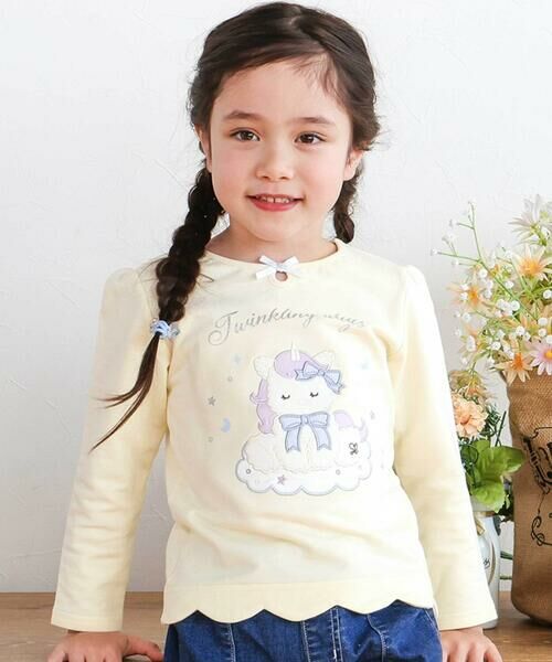 SLAP SLIP / スラップ スリップ Tシャツ | ユニコーンウサギアニマルモチーフ裾スカラップ長袖Tシャツ(80~130cm)（イエロー）