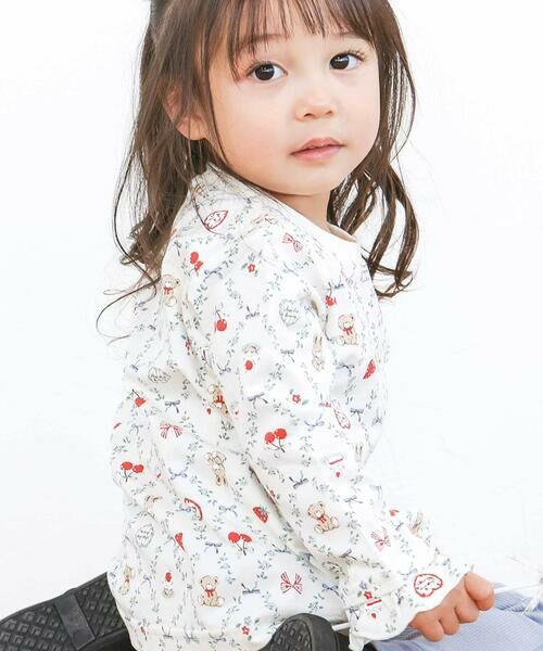 SLAP SLIP / スラップ スリップ Tシャツ | 【スララク/防汚加工/オーガニックコットン】ときめきデザイン女の子長袖Tシャツ(80~130cm)（オフ×ラブリー総柄×袖フリル）
