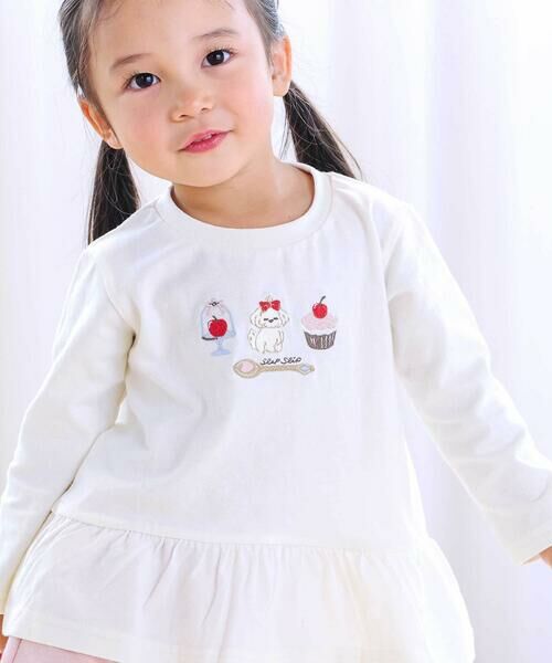 SLAP SLIP / スラップ スリップ Tシャツ | 【スララク/防汚加工/オーガニックコットン】ときめきデザイン女の子長袖Tシャツ(80~130cm)(オフ×スイーツ刺しゅう×ペプラム)