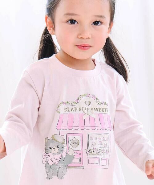 SLAP SLIP / スラップ スリップ Tシャツ | 【スララク/防汚加工/オーガニックコットン】ときめきデザイン女の子長袖Tシャツ(80~130cm)(薄ピンク×猫のケーキ屋さん)