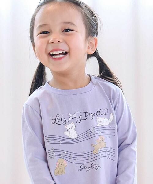 SLAP SLIP / スラップ スリップ Tシャツ | 【スララク/防汚加工/オーガニックコットン】ときめきデザイン女の子長袖Tシャツ(80~130cm)(薄紫×わんにゃんキラキラ音符)