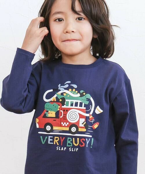 SLAP SLIP / スラップ スリップ Tシャツ | 【スララク/防汚加工/オーガニックコットン】わくわくデザイン男の子長袖Tシャツ(80~130cm)（ネイビー×ワニ恐竜消防車）
