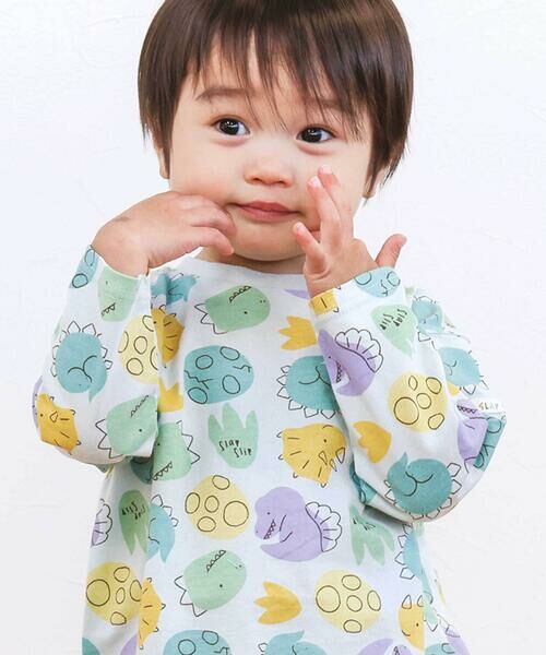SLAP SLIP / スラップ スリップ Tシャツ | 【スララク/防汚加工/オーガニックコットン】わくわくデザイン男の子長袖Tシャツ(80~130cm)（ミント×恐竜ドット総柄）