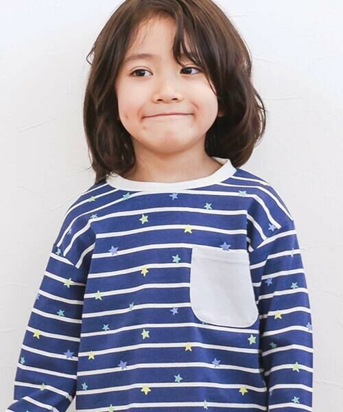 SLAP SLIP / スラップ スリップ Tシャツ | 【スララク/防汚加工/オーガニックコットン】わくわくデザイン男の子長袖Tシャツ(80~130cm)（ネイビー星ボーダー×胸ポケット）