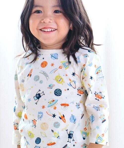 SLAP SLIP / スラップ スリップ Tシャツ | 【スララク/防汚加工/オーガニックコットン】わくわくデザイン男の子長袖Tシャツ(80~130cm)(オフ×宇宙モチーフ総柄)