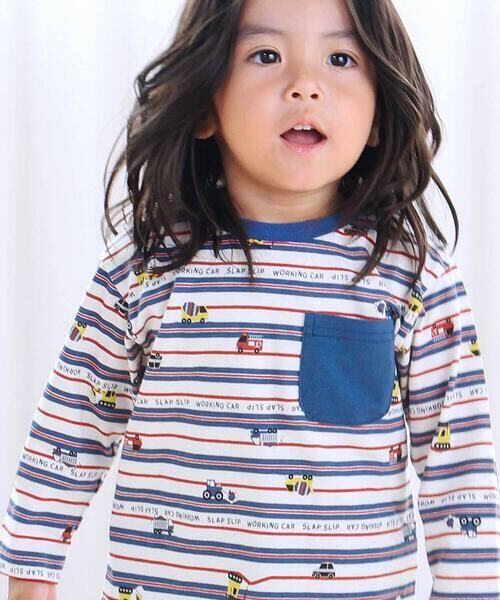 SLAP SLIP / スラップ スリップ Tシャツ | 【スララク/防汚加工/オーガニックコットン】わくわくデザイン男の子長袖Tシャツ(80~130cm)(トリコボーダー×車×胸ポケット)