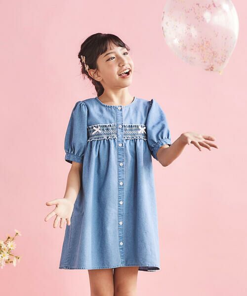 SLAP SLIP / スラップ スリップ ミニ丈・ひざ丈ワンピース | スモッキング刺しゅう7分袖デニムワンピース(80~130cm) | 詳細2