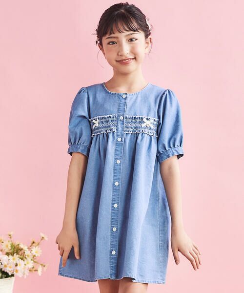 SLAP SLIP / スラップ スリップ ミニ丈・ひざ丈ワンピース | スモッキング刺しゅう7分袖デニムワンピース(80~130cm)（ネイビー）