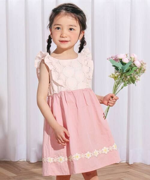 SLAP SLIP / スラップ スリップ ミニ丈・ひざ丈ワンピース | レース切り替え花柄ジャンパースカート(90~130cm)（ピンク）