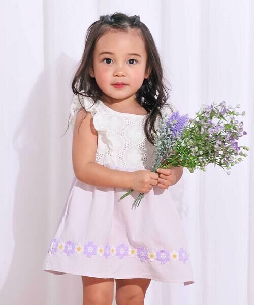 SLAP SLIP / スラップ スリップ ミニ丈・ひざ丈ワンピース | レース切り替え花柄ジャンパースカート(90~130cm)（パープル）