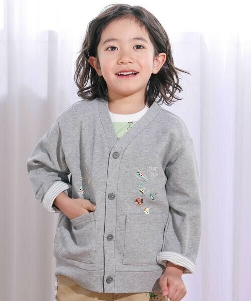 SLAP SLIP / スラップ スリップ ノーカラージャケット | 袖裏ボーダーVネックカーディガン(80~130cm)（グレー系）