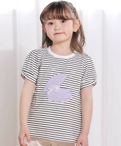 SLAP SLIP / スラップ スリップ Tシャツ | 【お揃い】モチーフパッチ刺しゅうリボンスリーブ半袖Tシャツ(80~130cm)（ブラック系）