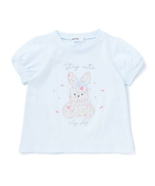 SLAP SLIP / スラップ スリップ Tシャツ | 【お揃い】モチーフパッチ刺しゅうリボンスリーブ半袖Tシャツ(80~130cm)（ブルー系）
