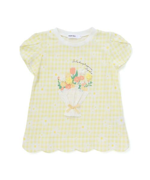 SLAP SLIP / スラップ スリップ Tシャツ | 【お揃い】花モチーフ付き裾スカラップ天竺半袖Tシャツ(80~130cm)（イエロー系）
