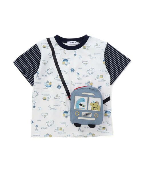 SLAP SLIP / スラップ スリップ Tシャツ | 【お揃い】恐竜総柄ポシェット付き天竺Tシャツ(80~130cm)（ホワイト系）