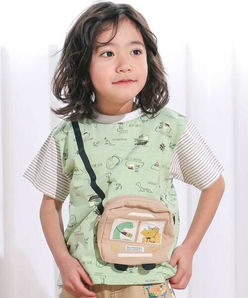 SLAP SLIP / スラップ スリップ Tシャツ | 【お揃い】恐竜総柄ポシェット付き天竺Tシャツ(80~130cm)（グリーン系）