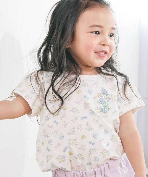 SLAP SLIP / スラップ スリップ Tシャツ | 【スララク/防汚加工/オーガニックコットン】ときめき女の子半袖Tシャツ(80~130cm)（オフ×花リボン総柄×花束刺しゅう）
