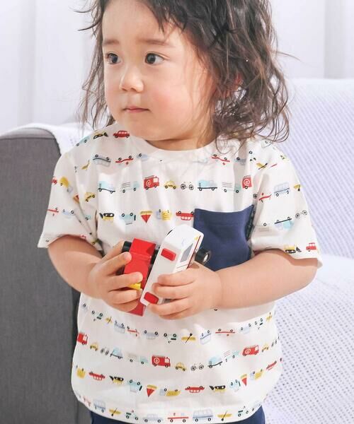 SLAP SLIP / スラップ スリップ Tシャツ | 【スララク/防汚加工/オーガニックコットン】わくわく男の子半袖Tシャツ(80~130cm)（白×のりものボーダー×胸ポケット）