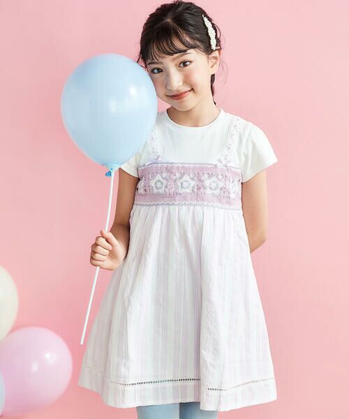 SLAP SLIP / スラップ スリップ ミニ丈・ひざ丈ワンピース | 【お揃い】かぎ編み風レースビスチェドッキング天竺ワンピース(80~130cm)（パープル系）