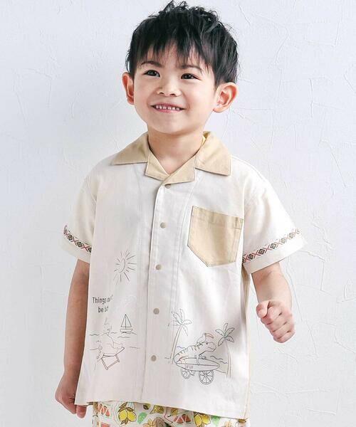 SLAP SLIP / スラップ スリップ Tシャツ | 【接触冷感/お揃い】海の生き物恐竜果物総柄切り替え半袖シャツ(80~130cm)（ベージュ）