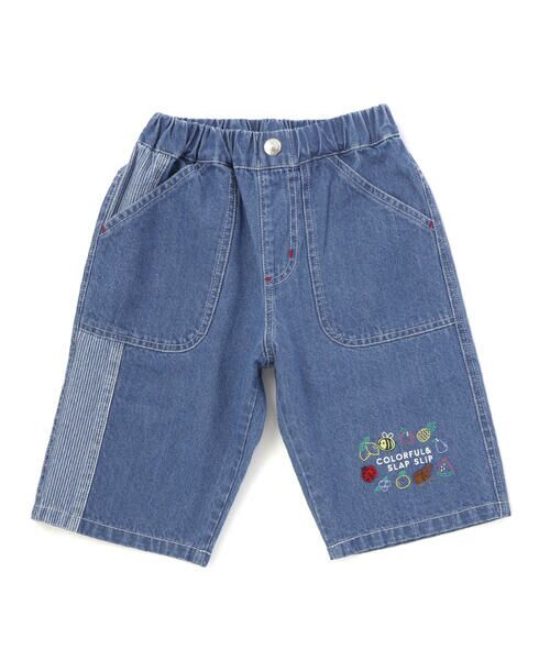 SLAP SLIP / スラップ スリップ デニムパンツ | フルーツ昆虫パッチストライプ切り替え5.5分丈デニムパンツ(80~130cm)（ネイビー）