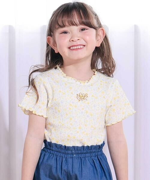 SLAP SLIP / スラップ スリップ Tシャツ | ボーダー&花柄テレコ半袖Tシャツ(80~130cm)（イエロー系）