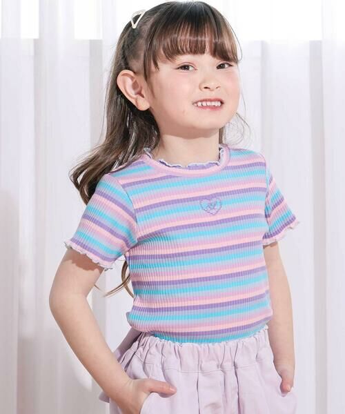 SLAP SLIP / スラップ スリップ Tシャツ | ボーダー&花柄テレコ半袖Tシャツ(80~130cm)（パープル系）