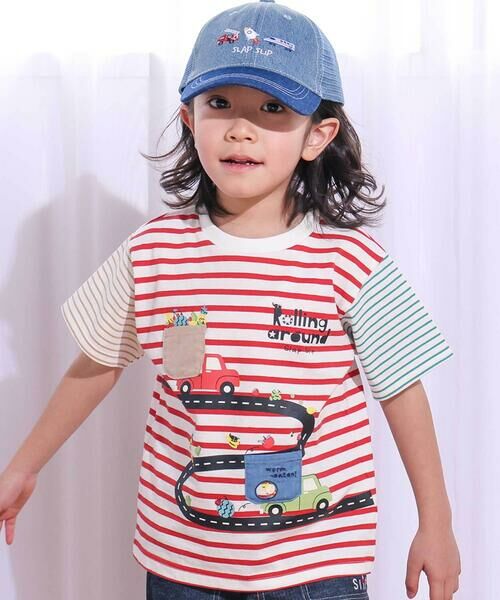 SLAP SLIP / スラップ スリップ Tシャツ | 乗り物モチーフポケットボーダー柄半袖Tシャツ(80~130cm)（レッド系）