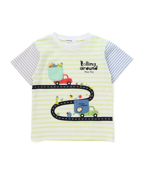 SLAP SLIP / スラップ スリップ Tシャツ | 乗り物モチーフポケットボーダー柄半袖Tシャツ(80~130cm)（グリーン系）