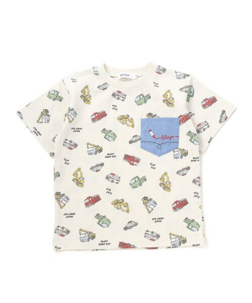 SLAP SLIP / スラップ スリップ Tシャツ | 総柄プリント胸ポケット刺しゅう半袖Tシャツ(80~130cm)（オフホワイト系）