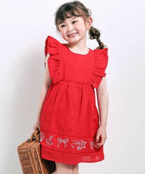 SLAP SLIP / スラップ スリップ ミニ丈・ひざ丈ワンピース | マリン刺しゅうワンピース(80~130cm)（レッド）