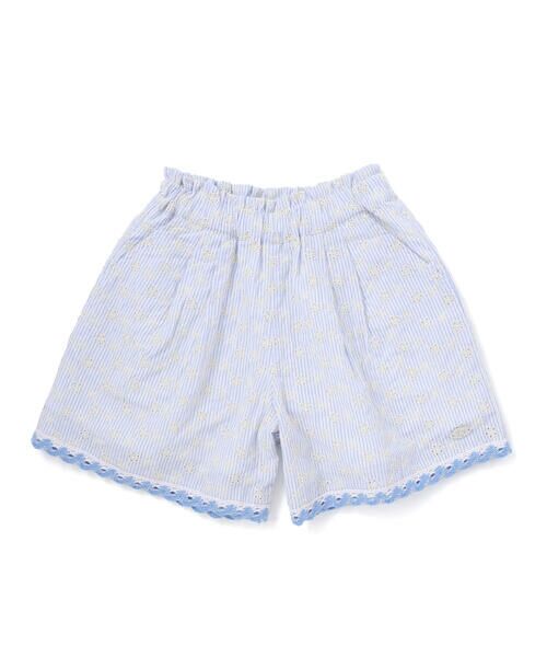 SLAP SLIP / スラップ スリップ ショート・ハーフ・半端丈パンツ | 【お揃い】裾レースストライプ&チェック柄ショートパンツ(90~130cm)（ブルー系）