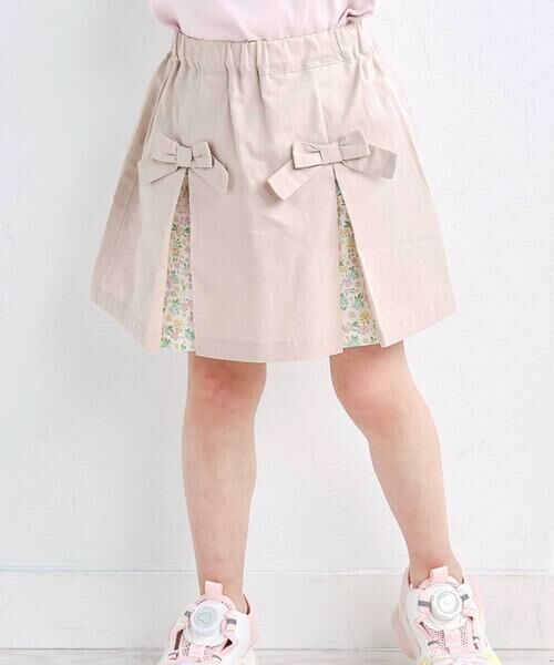 SLAP SLIP / スラップ スリップ ショート・ハーフ・半端丈パンツ | 花柄切り替えプリーツリボン付きスカパン(90~130cm)(ベージュ)