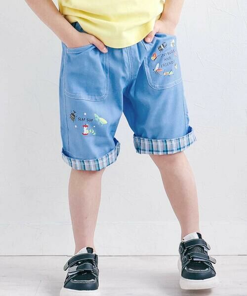 SLAP SLIP / スラップ スリップ ショート・ハーフ・半端丈パンツ | 裾チェック折り返し5.5分丈ストレッチパンツ(80~130cm)（ブルー）