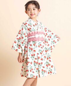 【お揃い】イチゴx花x花火総柄ショート丈プルオーバー浴衣+帯セット(80~130cm)