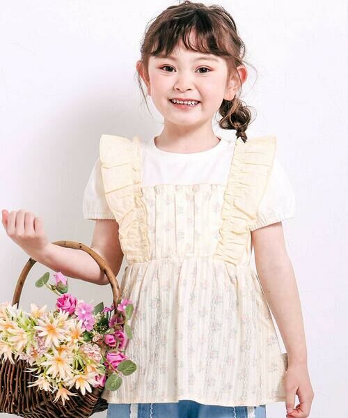 SLAP SLIP / スラップ スリップ Tシャツ | 肩フリル花柄レースドッキング半袖Tシャツ(80~130cm)（イエロー系）