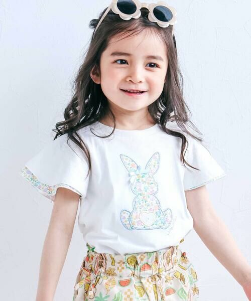 SLAP SLIP / スラップ スリップ Tシャツ | ウサギパッチ袖ハナガラ半袖Tシャツ(80~130cm)（ホワイト）