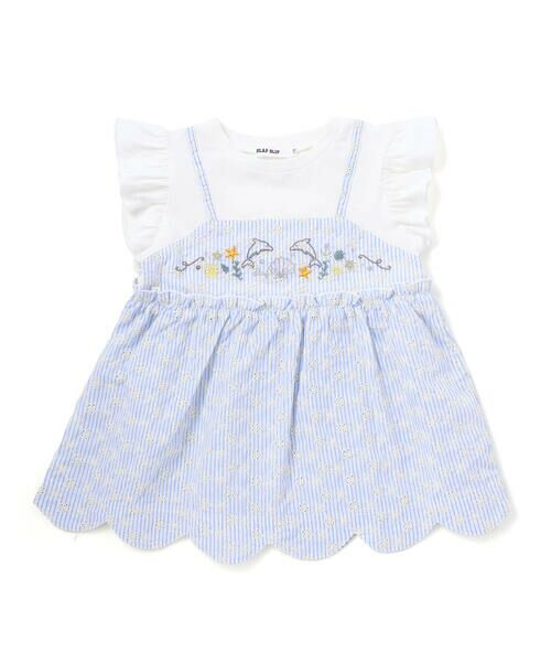 SLAP SLIP / スラップ スリップ Tシャツ | 【お揃い】スカラップキャミストライプ&ドビー半袖Tシャツ(80~130cm)（ホワイト系）