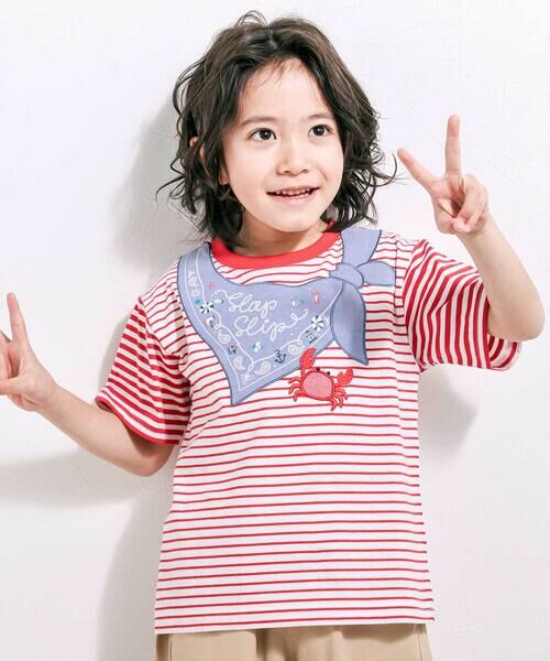 SLAP SLIP / スラップ スリップ Tシャツ | 【マリンシリーズ】セーラーカラーパッチボーダーTシャツ(80~130cm)（レッド系）