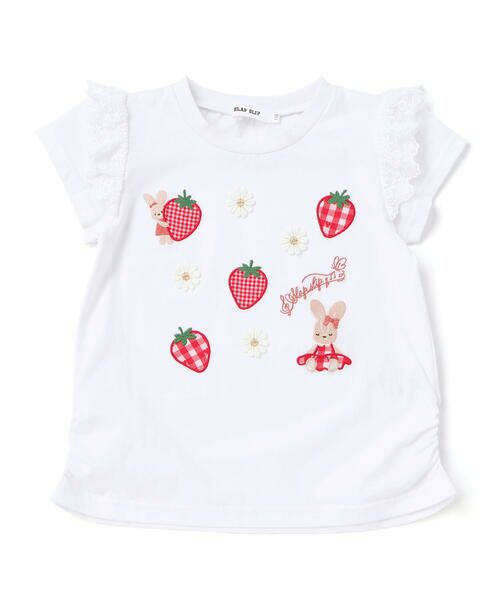 SLAP SLIP / スラップ スリップ Tシャツ | 肩フリルイチゴウサギパッチ半袖Tシャツ(80~130cm)（ホワイト）