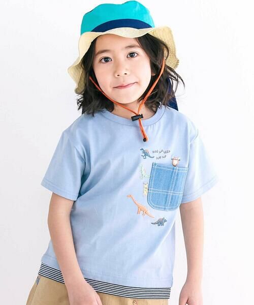 SLAP SLIP / スラップ スリップ Tシャツ | デニムポケット付き電車恐竜刺しゅうレイヤード半袖Tシャツ(80~130cm)（ブルー）