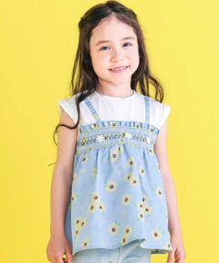 SLAP SLIP / スラップ スリップ Tシャツ | 【お揃い】ハート&ひまわり総柄刺しゅう肩フリルレース&デニムビスチェ(80~130cm)